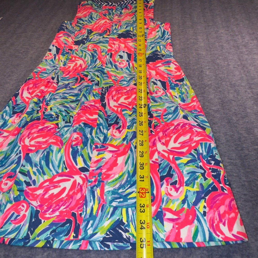 Lilly Pulitzer Pink Flamingo Tassel Lace Up Shift Dress Size 8 Navy Chevron Trim - Picture 7 of 8
